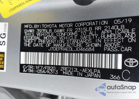 2020 Toyota Corolla Le z USA, uszkodzony, nr VIN JTDEPRAE0LJ046684